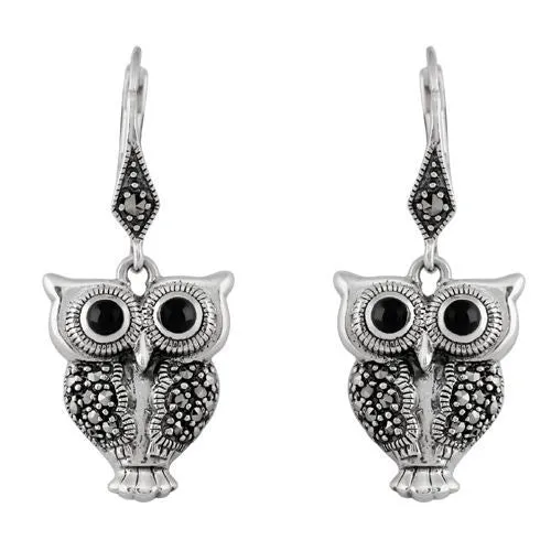 0,36 CT Markasit & Onyx 925 Sterlingsilber Eule Ohrhänger