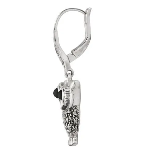 0,36 CT Markasit & Onyx 925 Sterlingsilber Eule Ohrhänger