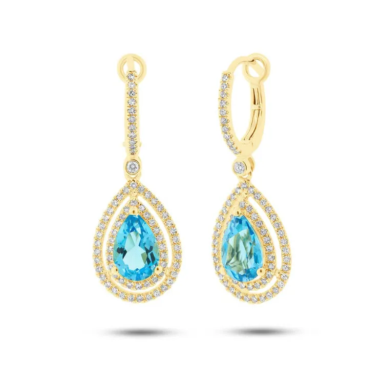 0.76ct Diamond & 3.23ct Blue Topaz 14k Yellow Gold Earring