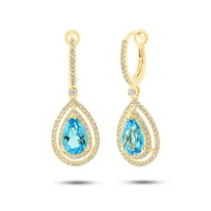 0.76ct Diamond & 3.23ct Blue Topaz 14k Yellow Gold Earring