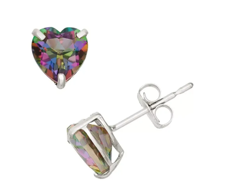 10k White Gold Plated 4 Carat Heart Created Mystic Topaz Stud Earrings