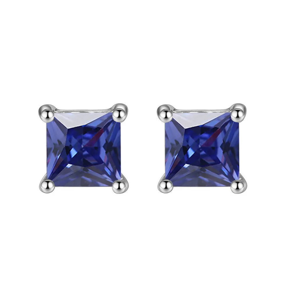 10k White Gold Plated 4 Ct Square Cut Created Blue Sapphire Stud Earrings