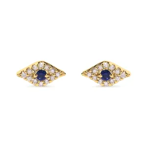 10K Yellow Gold Blue Sapphire and Diamond Accent Evil Eye Stud Earring (H-I Color, I1-I2 Clarity)
