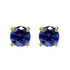 10k Yellow Gold Plated 3 Ct Round Created Blue Sapphire CZ Stud Earrings
