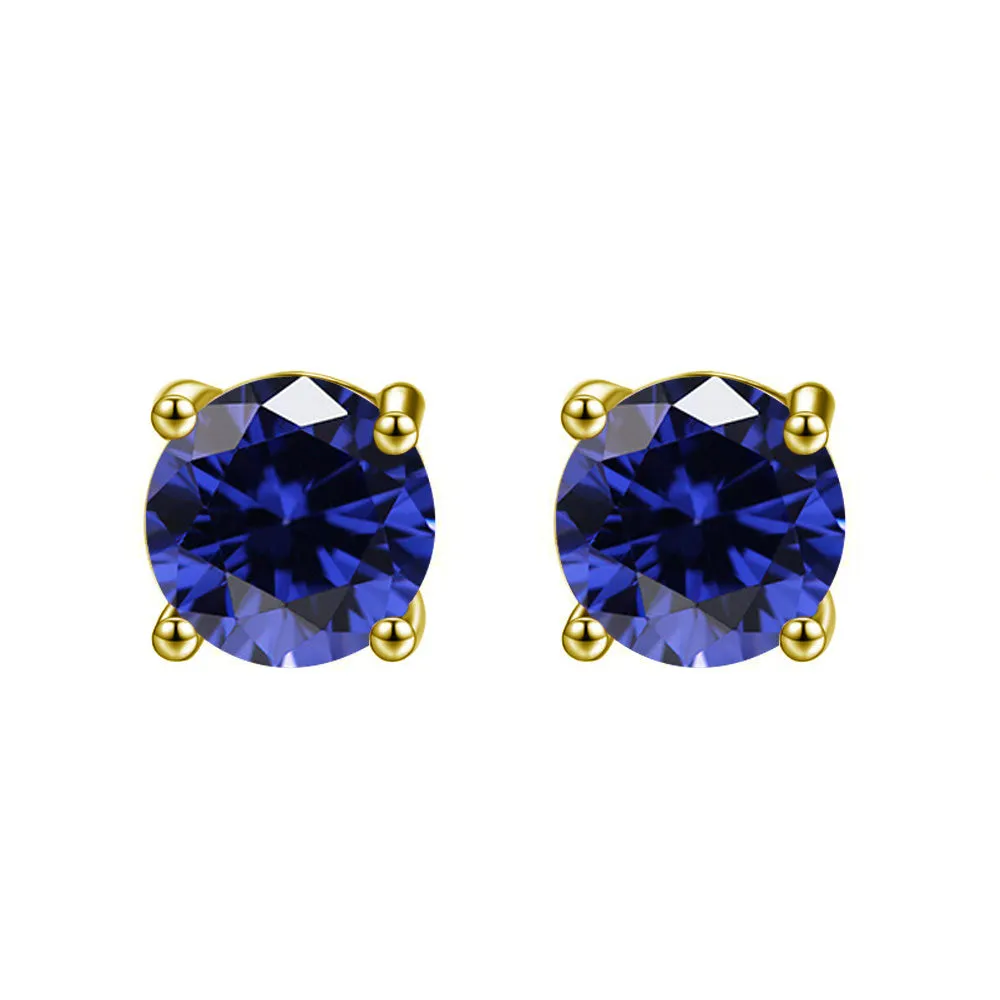 10k Yellow Gold Plated 3 Ct Round Created Blue Sapphire CZ Stud Earrings