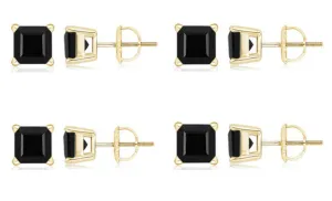10k Yellow Gold Plated Created Black Sapphire 1Carat Square Cut Pack of Four Stud Earrings