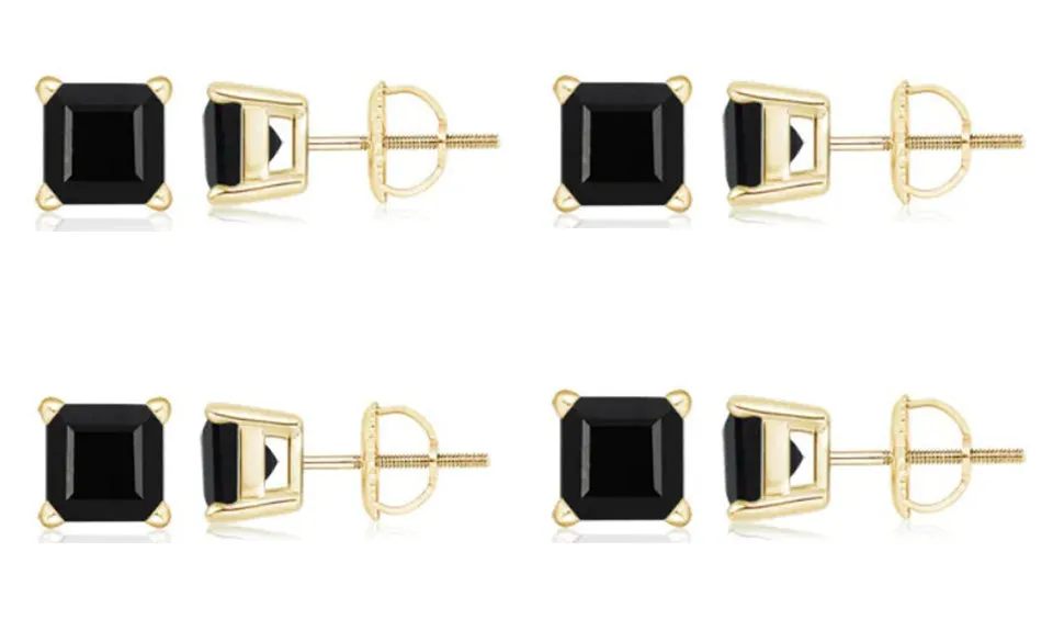 10k Yellow Gold Plated Created Black Sapphire 1Carat Square Cut Pack of Four Stud Earrings