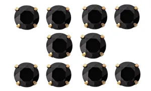 10k Yellow Gold Plated Created Black Sapphire 3 Carat Round Pack of Five Stud Earrings