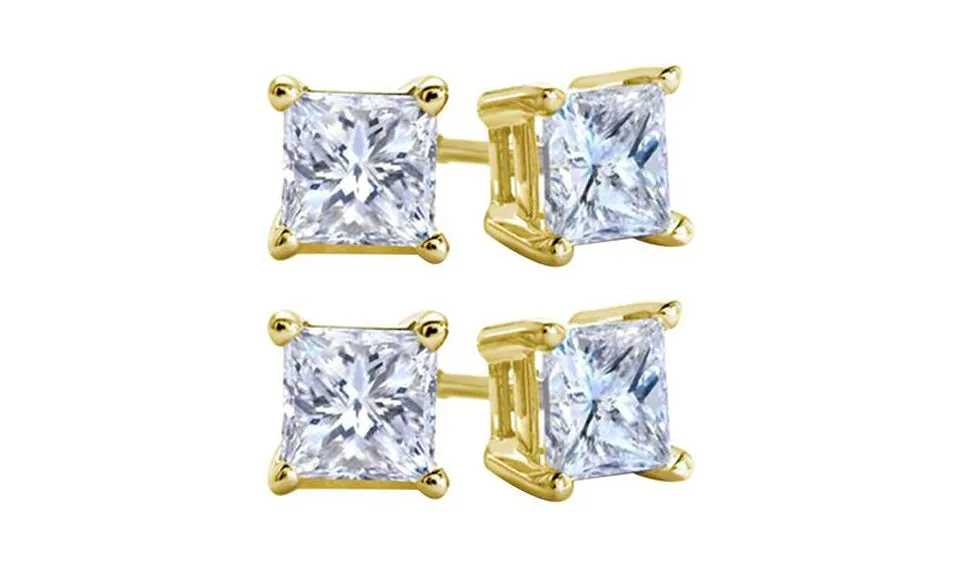 10k Yellow Gold Plated Created White Sapphire 2 Carat Square Cut Pack of Two Stud Earrings