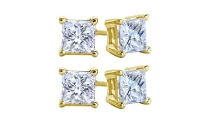 10k Yellow Gold Plated Created White Sapphire 2 Carat Square Cut Pack of Two Stud Earrings
