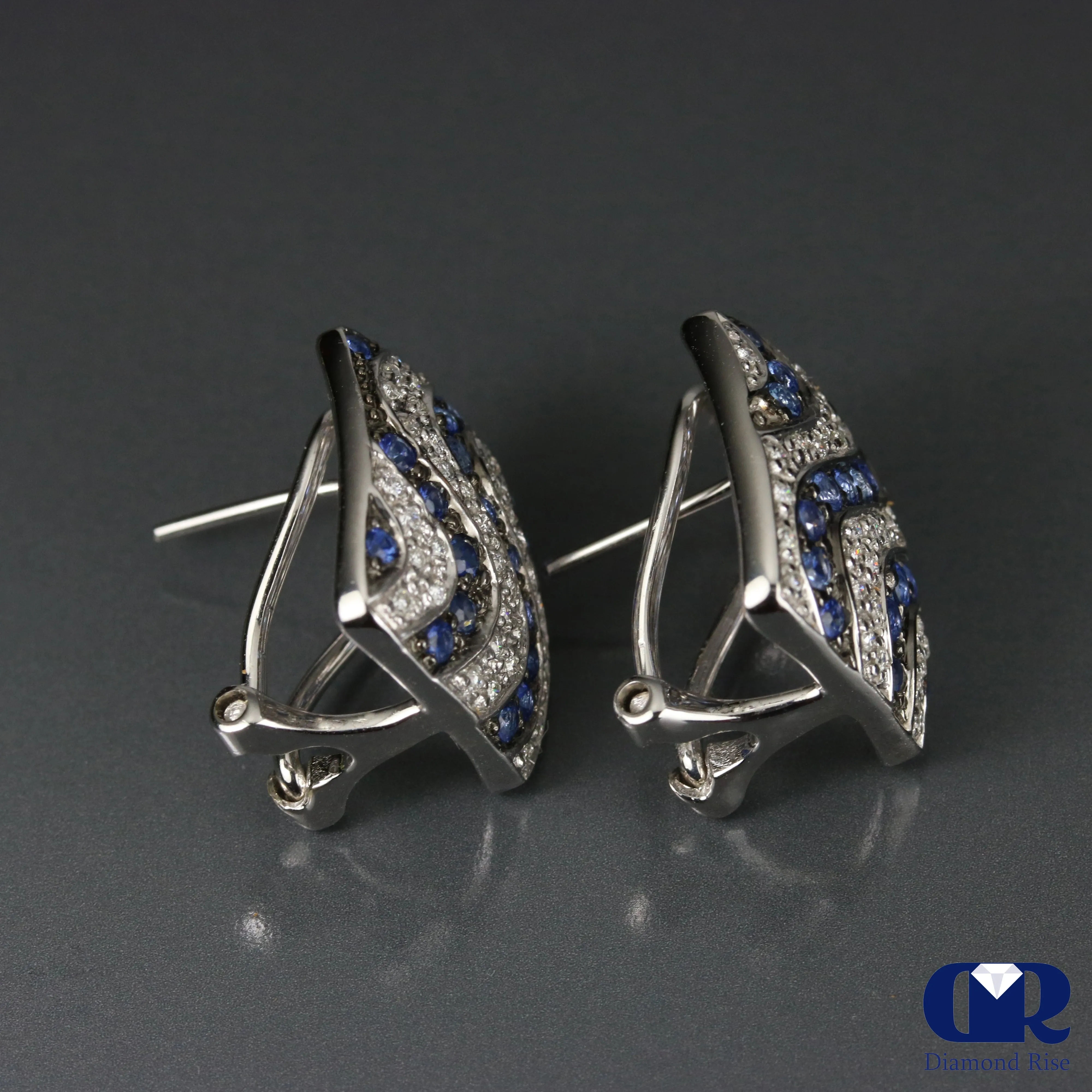 1.45 Ct Diamond & Sapphire Earrings In 14K White Gold With Omega Back