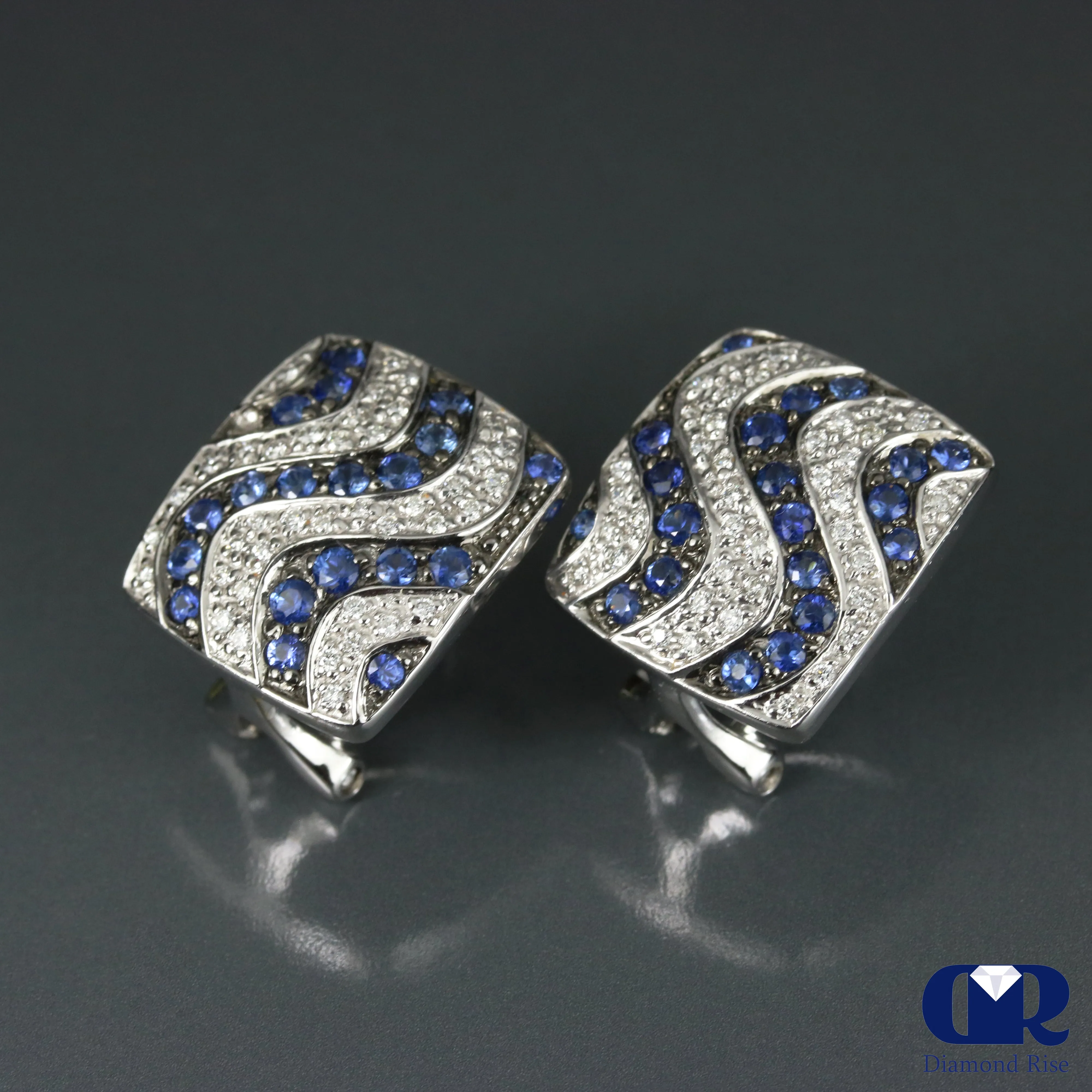 1.45 Ct Diamond & Sapphire Earrings In 14K White Gold With Omega Back