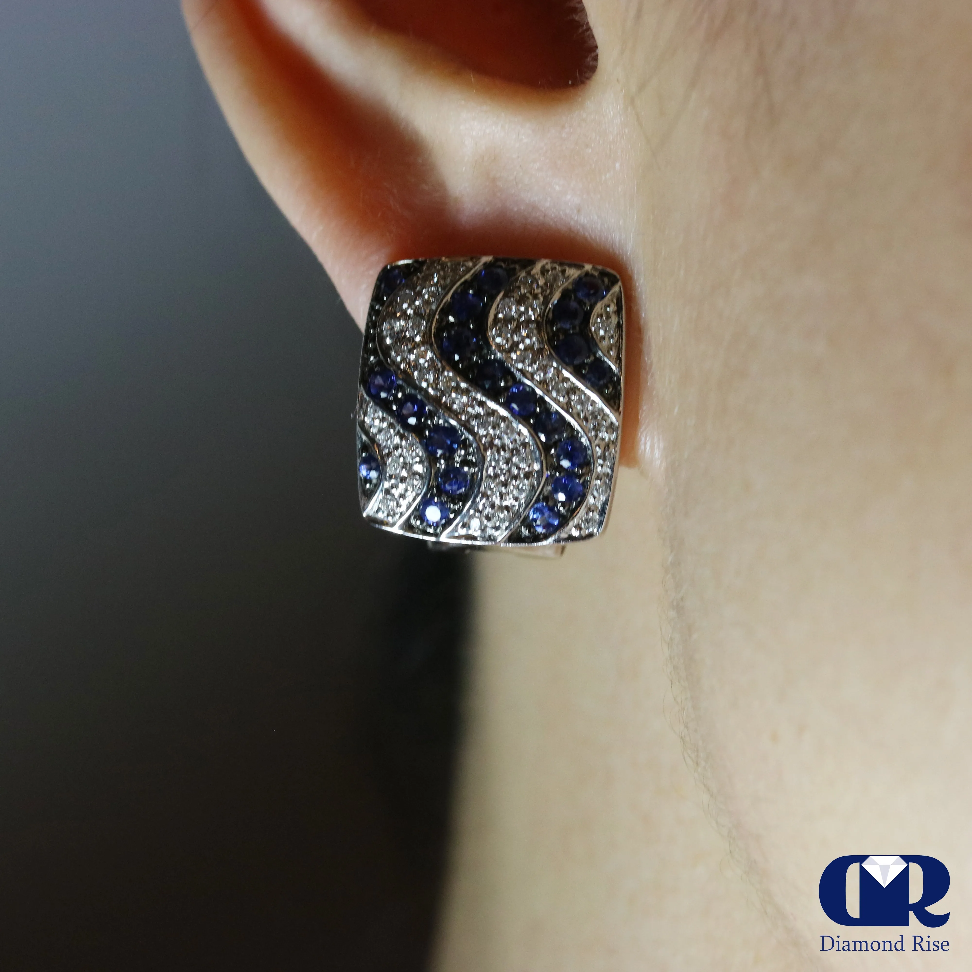 1.45 Ct Diamond & Sapphire Earrings In 14K White Gold With Omega Back