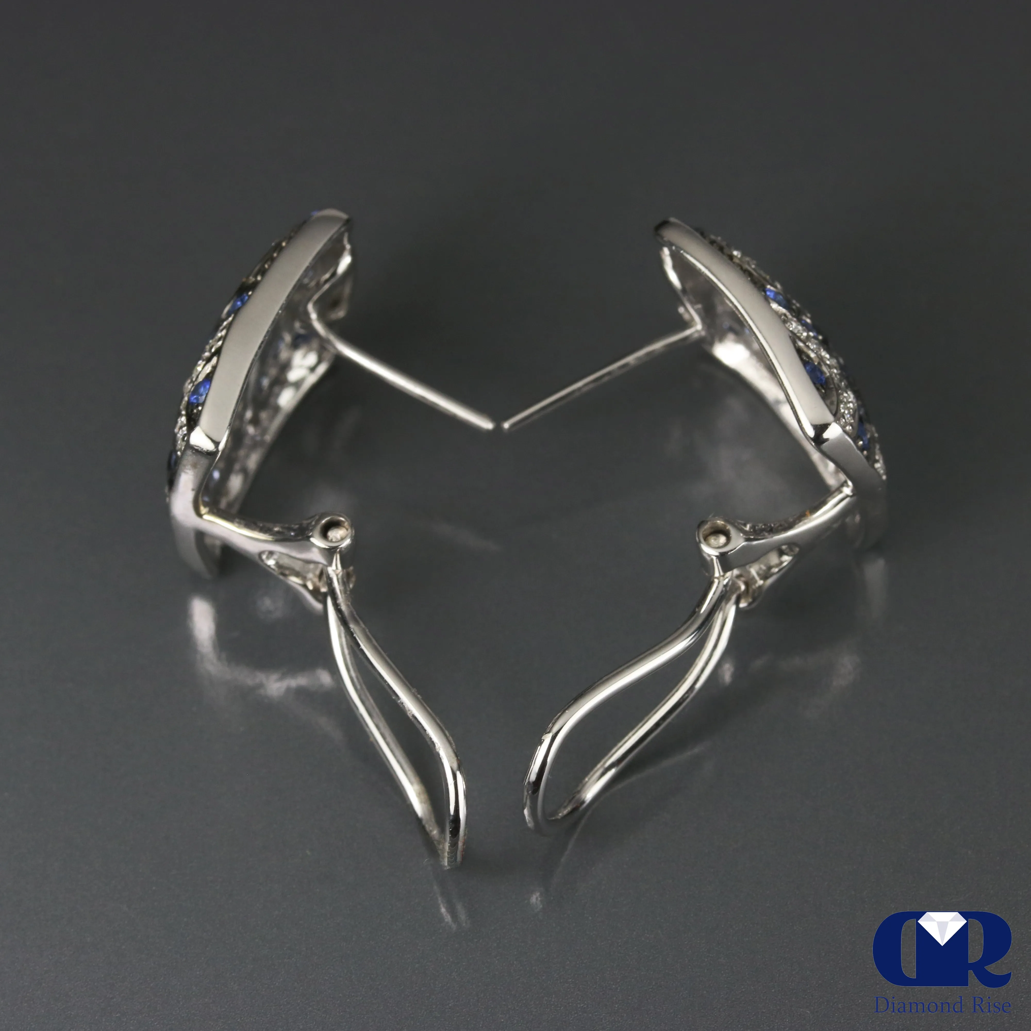 1.45 Ct Diamond & Sapphire Earrings In 14K White Gold With Omega Back