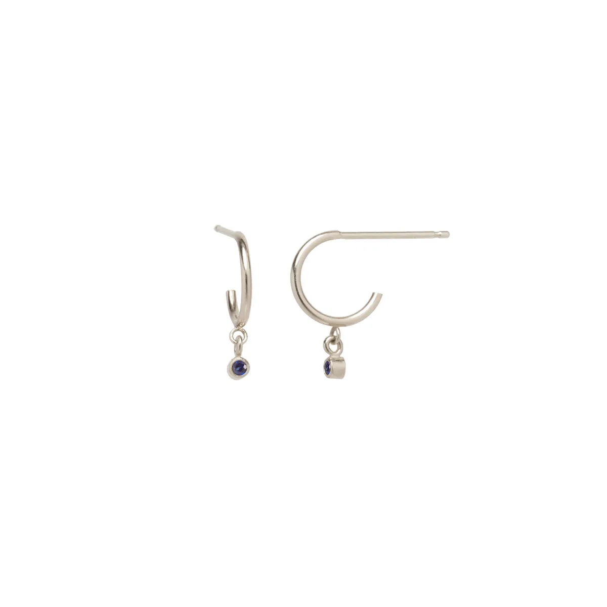 14k Dangling Blue Sapphire Huggie Hoops | September Birthstone