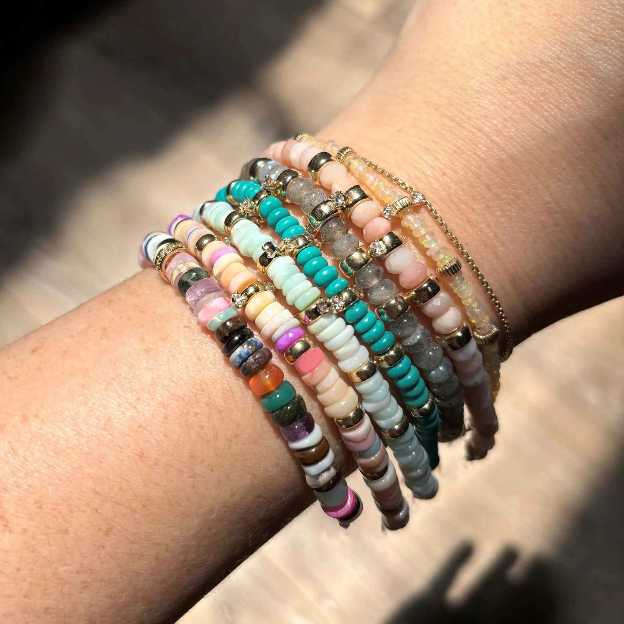 14k Gold & Labradorite Rondelle Bead Bracelet with 2 Prong Diamonds