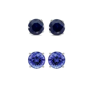 14k White Gold Plated 1/2Ct Created Black Sapphire and Tanzanite 2 Pair Round Stud Earrings