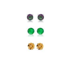 14k White Gold Plated 1/2Ct Created Mystic Topaz, Emerald and Citrine 3 Pair Round Stud Earrings