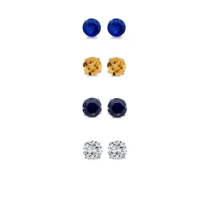 14k White Gold Plated 1Ct Created Blue Sapphire, Citrine, Black Sapphire and White Sapphire 4 Pair Round Stud Earrings