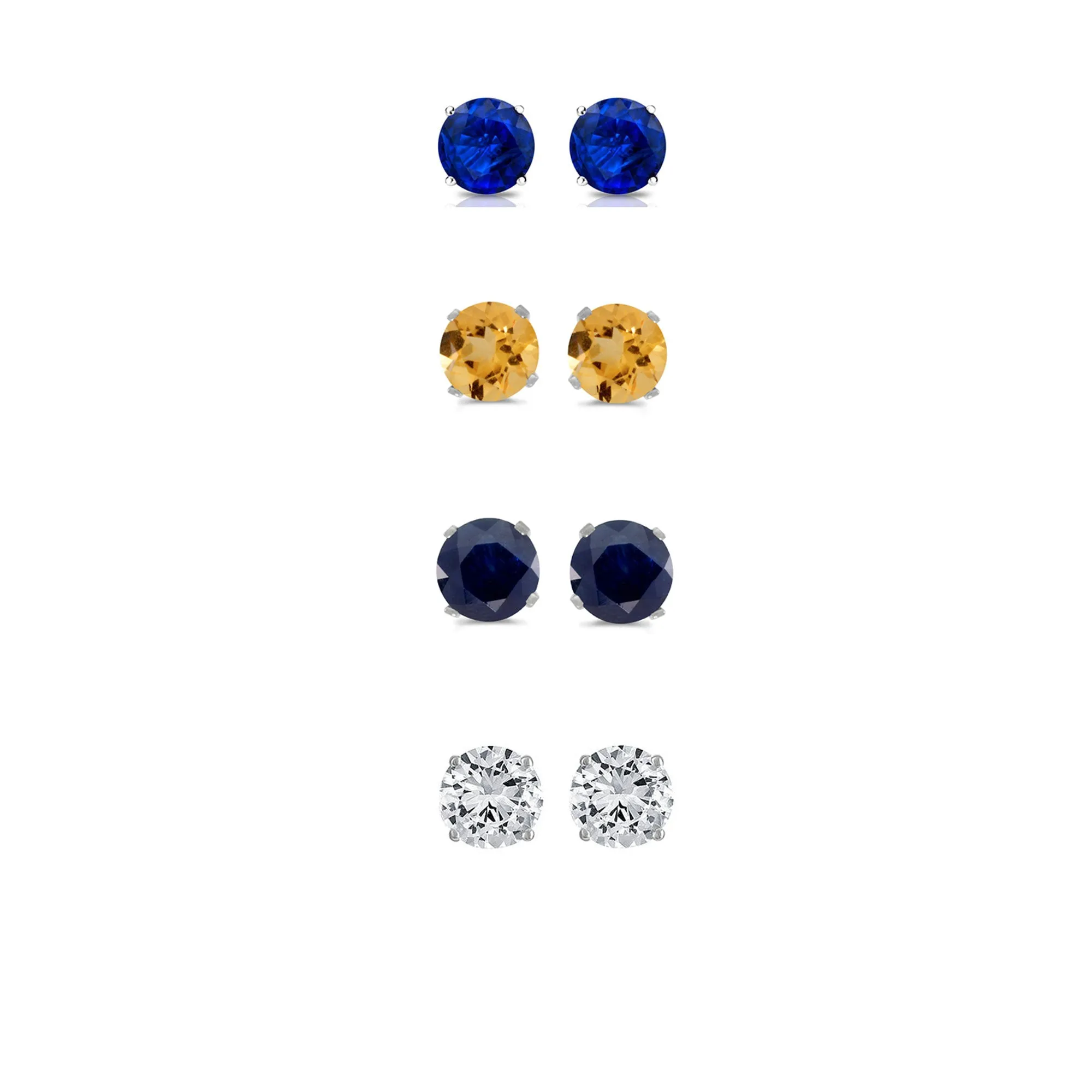 14k White Gold Plated 1Ct Created Blue Sapphire, Citrine, Black Sapphire and White Sapphire 4 Pair Round Stud Earrings