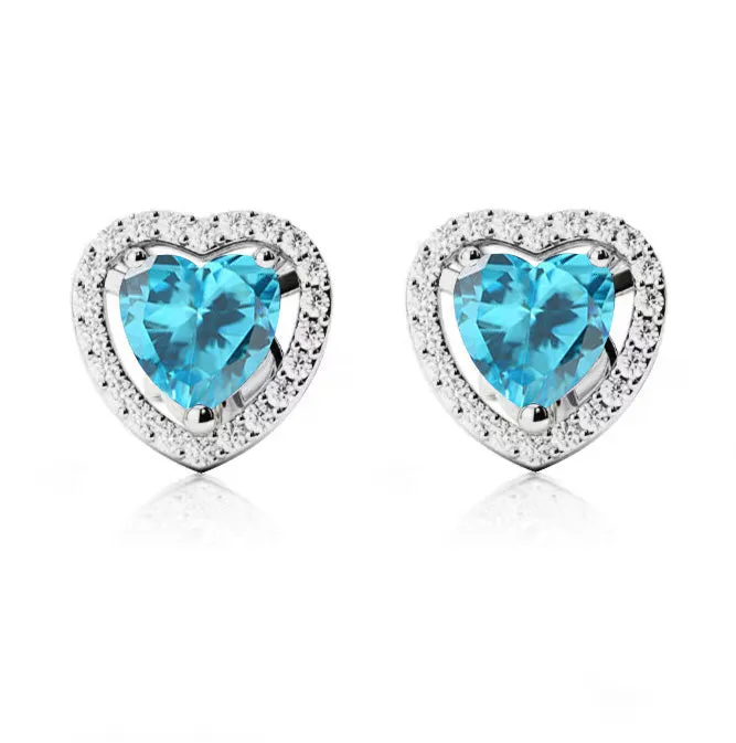 14k White Gold Plated 2 Ct Created Halo Heart Blue Topaz Stud Earrings