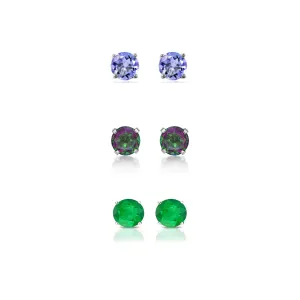 14k White Gold Plated 2Ct Created Tanzanite, Mystic Topaz and Emerald 3 Pair Round Stud Earrings