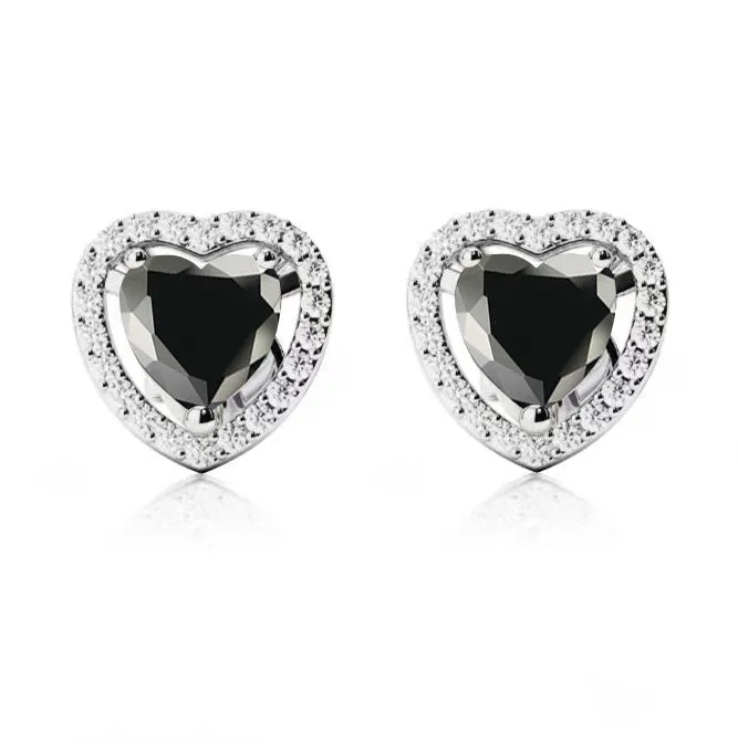 14k White Gold Plated 3 Ct Created Halo Heart Black Sapphire Stud Earrings