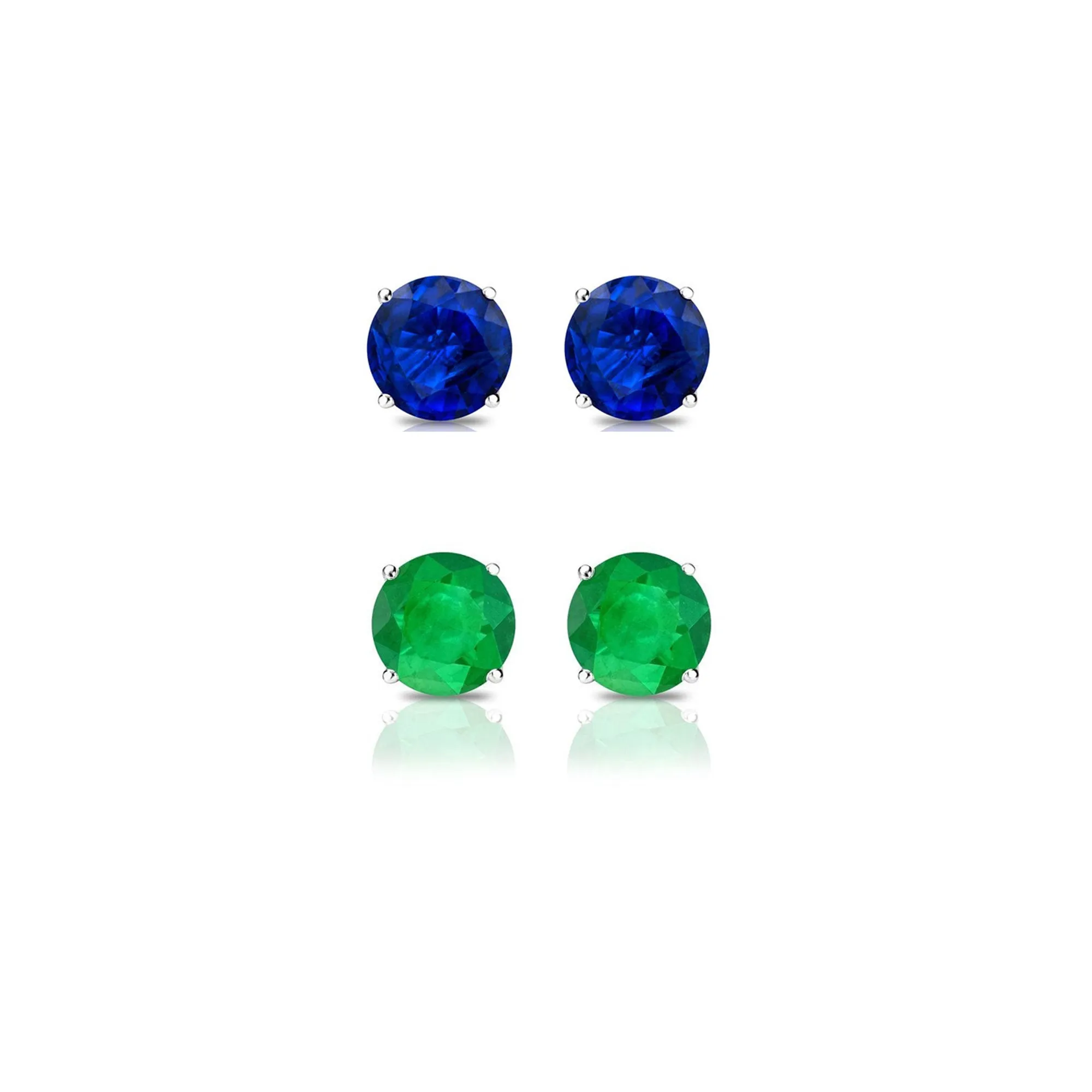 14k White Gold Plated 4Ct Created Blue Sapphire and Emerald 2 Pair Round Stud Earrings
