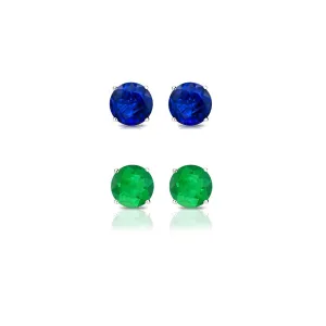 14k White Gold Plated 4Ct Created Blue Sapphire and Emerald 2 Pair Round Stud Earrings