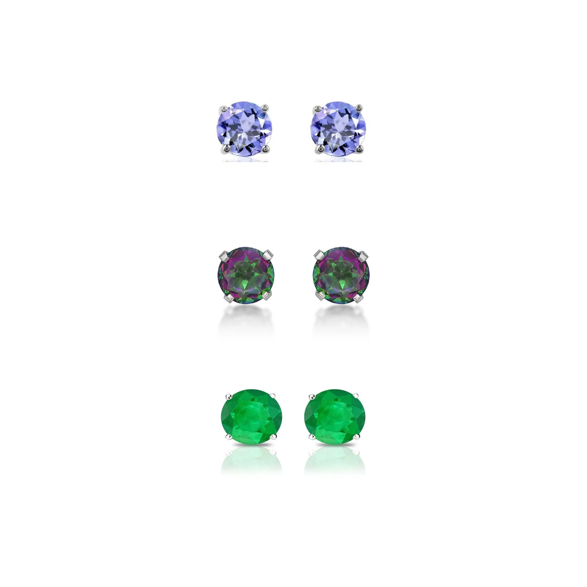 14k White Gold Plated 4Ct Created Tanzanite, Mystic Topaz and Emerald 3 Pair Round Stud Earrings