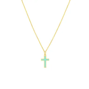 14K Yellow Gold Lt.Turquoise Cross Adjustable Necklace