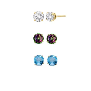 14k Yellow Gold Plated 1Ct Created White Sapphire, Mystic Topaz and Blue Topaz 3 Pair Round Stud Earrings