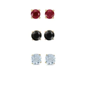 14k Yellow Gold Plated 3Ct Created Garnet, Black Sapphire and Aquamarine 3 Pair Round Stud Earrings