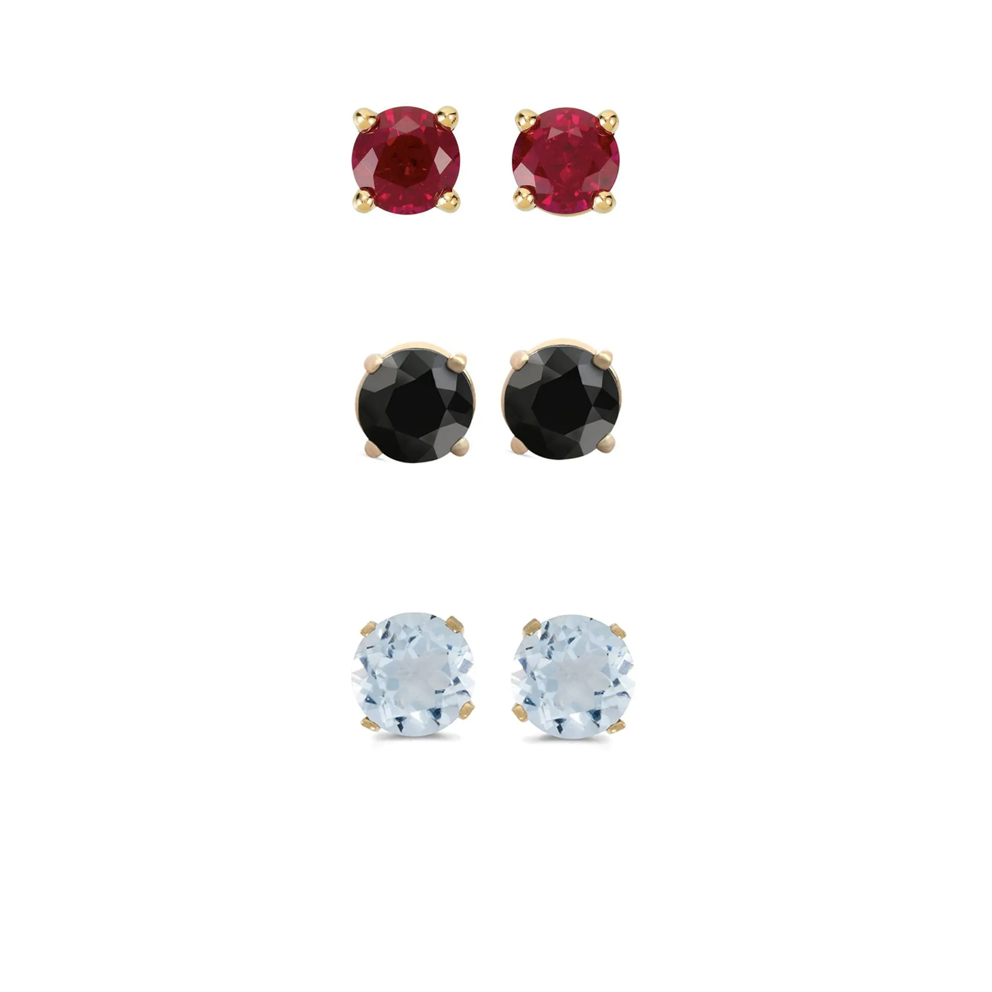 14k Yellow Gold Plated 3Ct Created Garnet, Black Sapphire and Aquamarine 3 Pair Round Stud Earrings