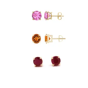 14k Yellow Gold Plated 3Ct Created Pink Sapphire, Citrine and Garnet 3 Pair Round Stud Earrings