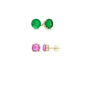 14k Yellow Gold Plated 4Ct Created Emerald and Pink sapphire 2 Pair Round Stud Earrings