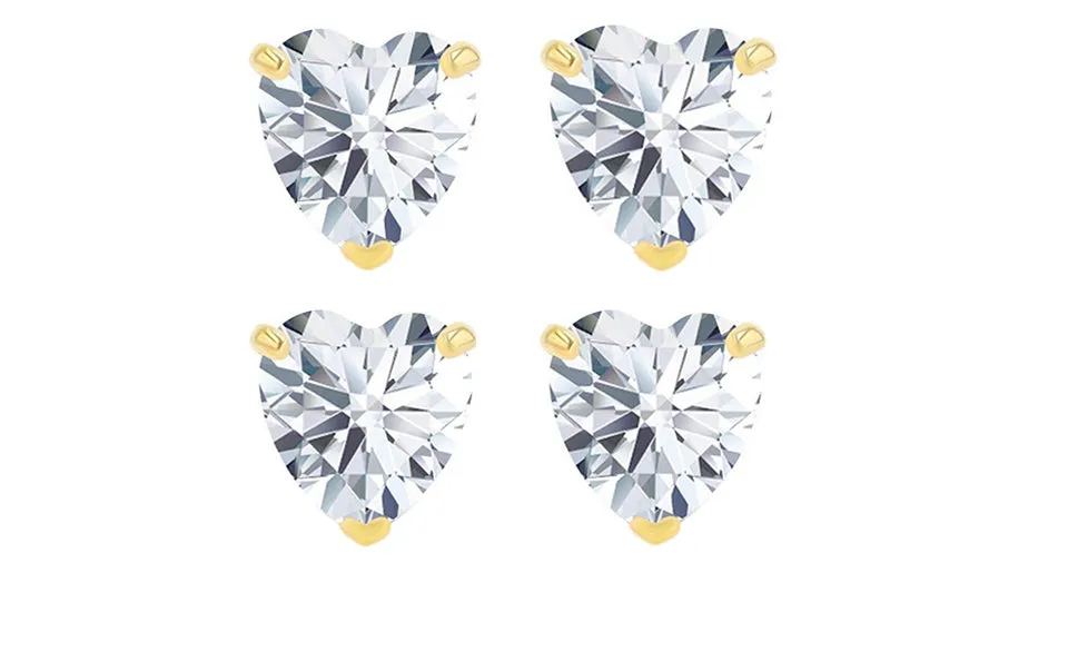 14k Yellow Gold Plated 6mm 2Ct Heart White Sapphire Set Of Two Stud Earrings