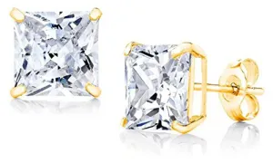 14k Yellow Gold Plated Created  White Sapphire 1 Carat Square Stud Earrings