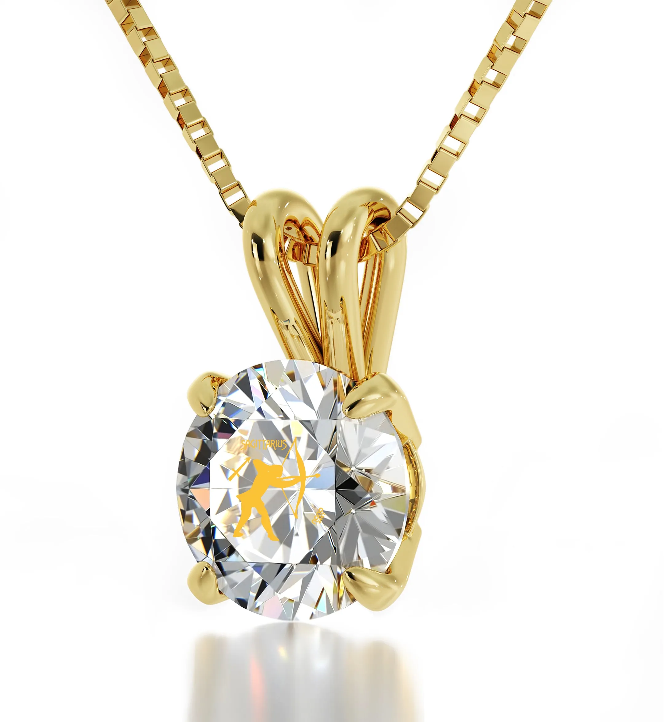 14k Yellow Gold Sagittarius Necklace Zodiac Pendant 24k Gold Inscribed on Crystal
