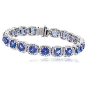 18ct White Gold Tanzanite and Diamond 23.20ct Cushion Halo Bracelet Women's 17mm 7.5" GIFT Box