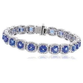 18ct White Gold Tanzanite and Diamond 23.20ct Cushion Halo Bracelet Women's 17mm 7.5" GIFT Box