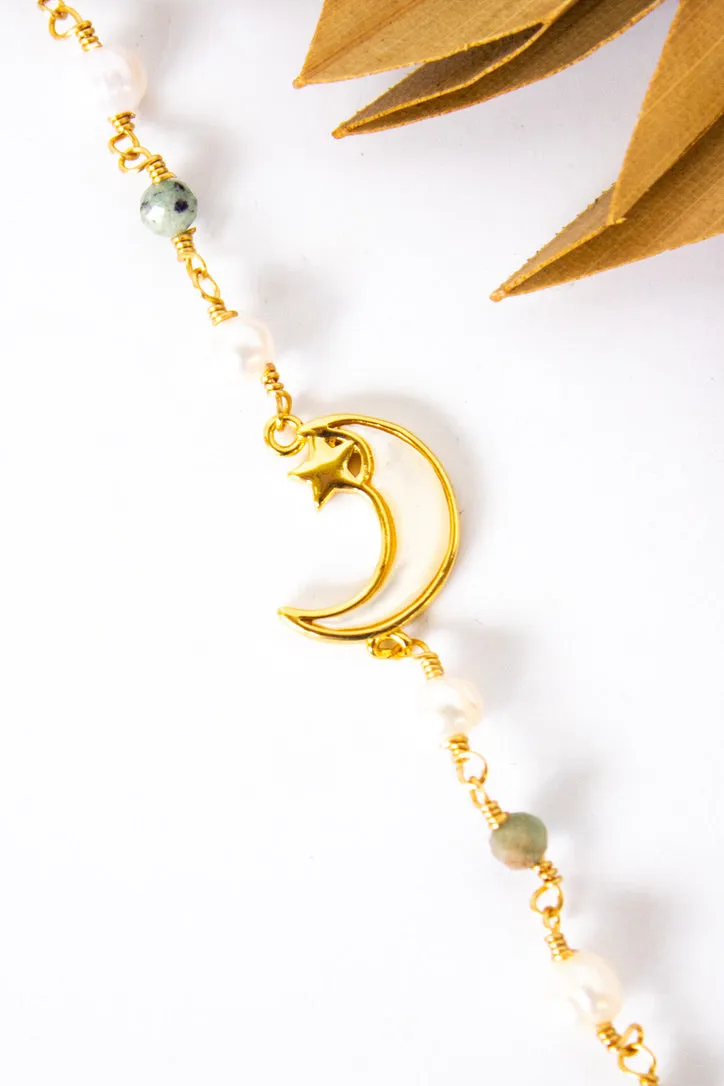 18K Toggle Crescent Moon Pearl Bracelet