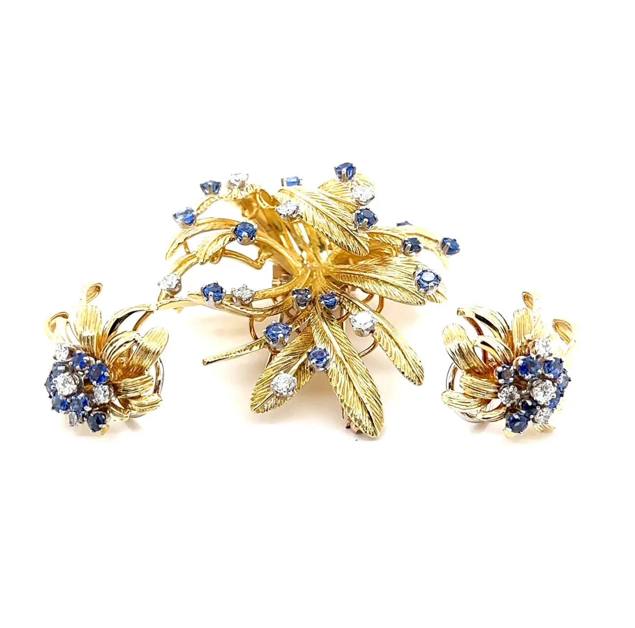18K T/T Sapphire & Diamond Estate Brooch & Earrings