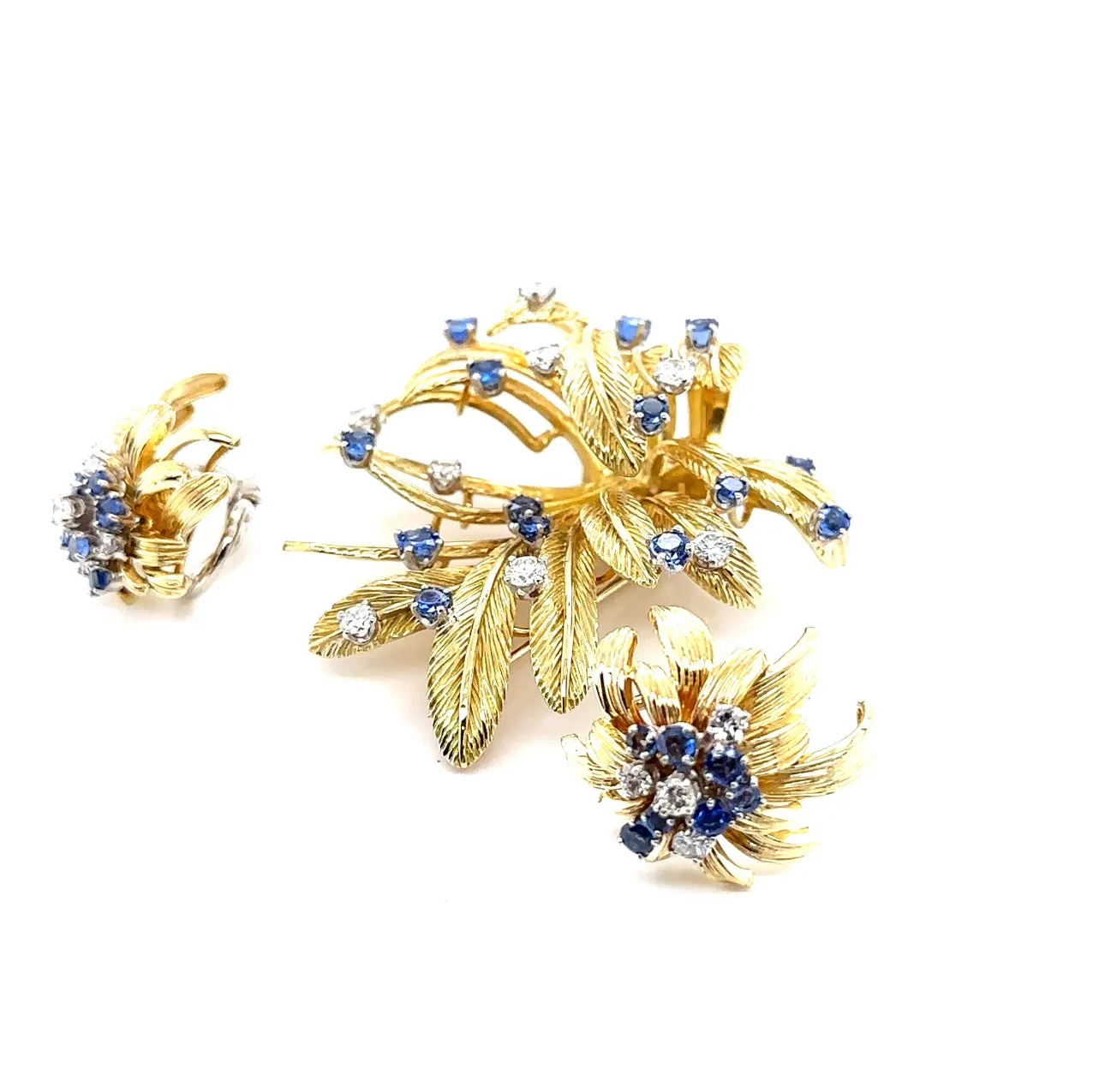 18K T/T Sapphire & Diamond Estate Brooch & Earrings