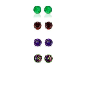 18k White Gold Plated 2Ct Created Emerald, Garnet, Amethyst and Mystic Topaz 4 Pair Round Stud Earrings