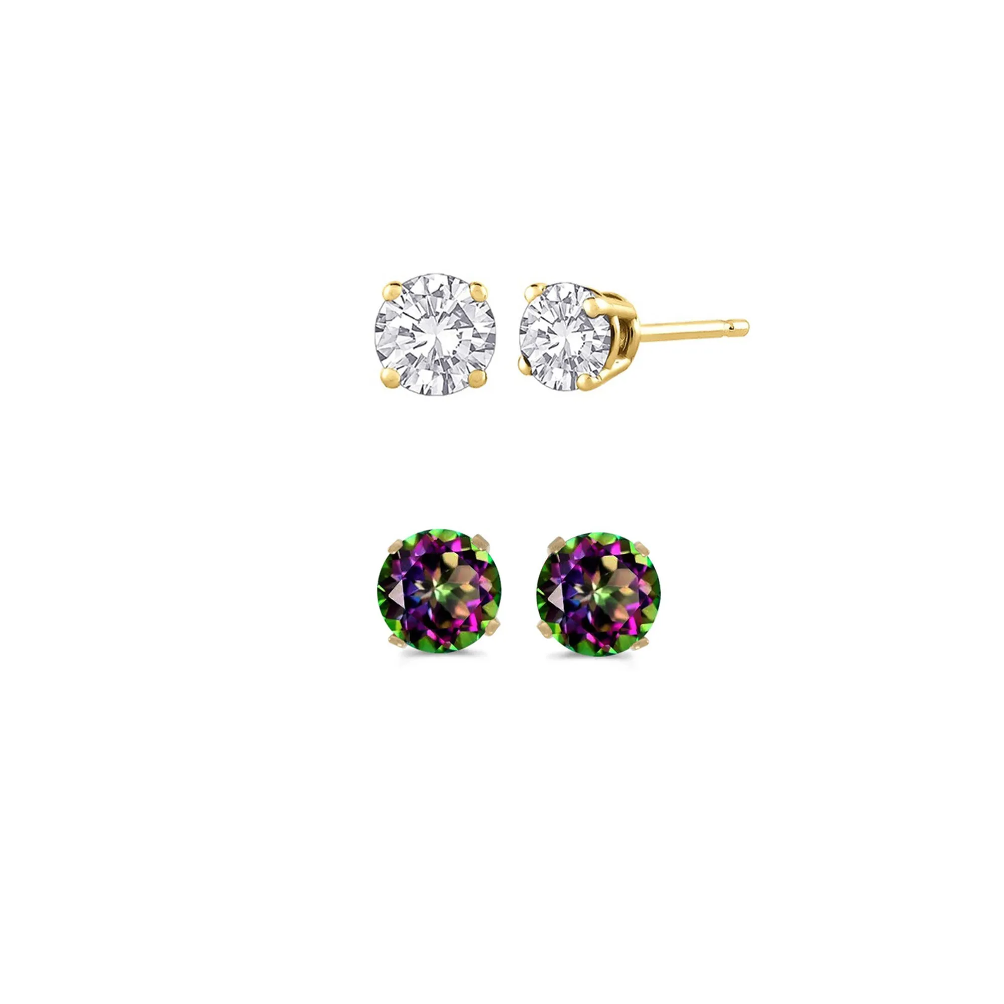 18k Yellow Gold Plated 2Ct Created White Sapphire and Mystic Topaz 2 Pair Round Stud Earrings