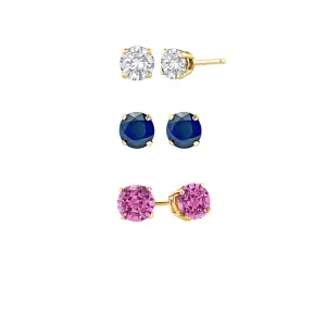 18k Yellow Gold Plated 2Ct Created White Sapphire, Blue Sapphire and Pink Sapphire 3 Pair Round Stud Earrings