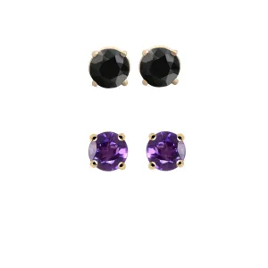 18k Yellow Gold Plated 3Ct Created Black Sapphire and Amethyst 2 Pair Round Stud Earrings