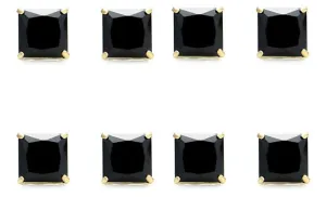 18k Yellow Gold Plated Created Black Sapphire 1 Carat Princess Cut Pack of Four Stud Earrings
