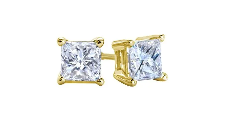 18k Yellow Gold Plated Created White Sapphire 3 Carat Square Cut Stud Earrings